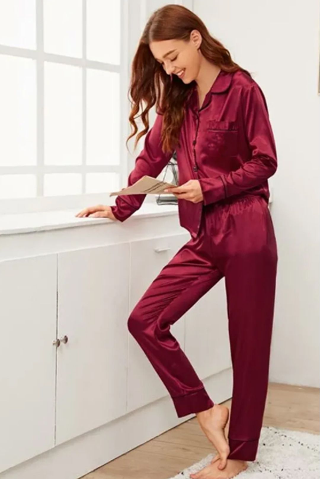 Valerie Heart Embroidery Button-Up Satin Pj Set With Burgundy