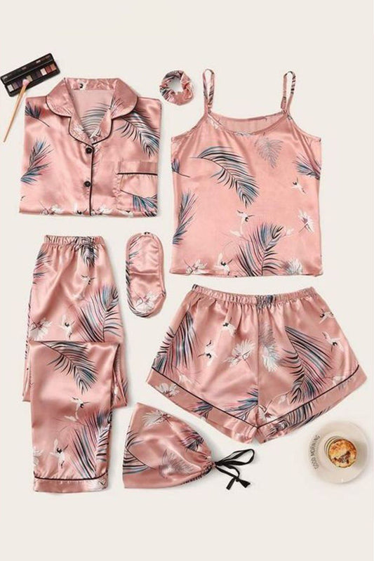 Valerie Pink 7 Pcs High Quality Crane & Tropical Print Satin Pajama Set