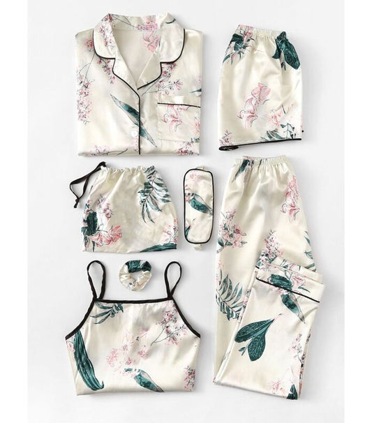 Valerie Off-White7 Pcs High Quality Floral Print Satin Pajama Set