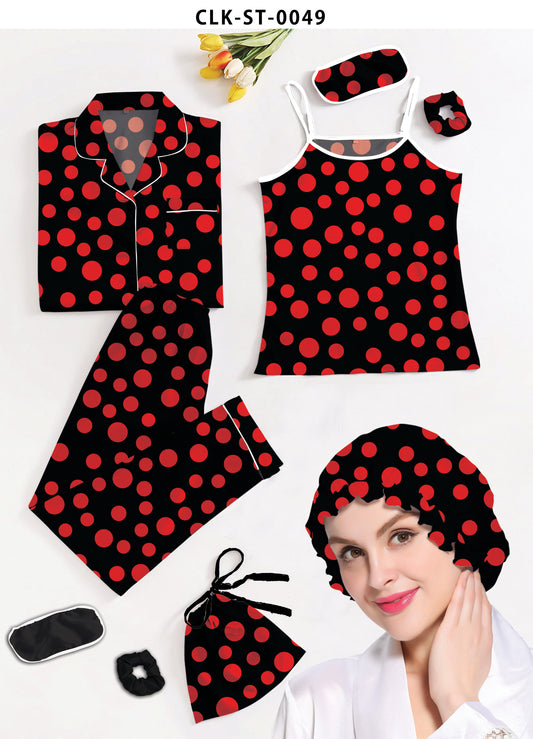 Valerie Red & Black 7pcs Polka Dot Print Satin Pajama Set