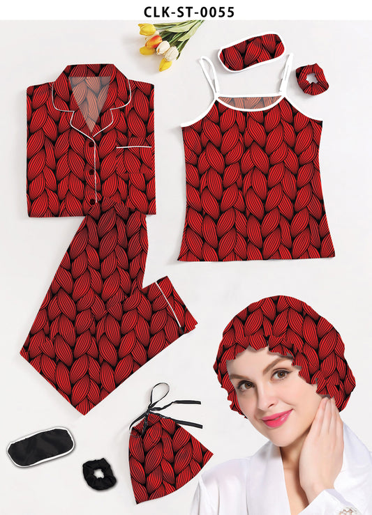 Valerie Red 7pcs Leaf Print Satin Pajama Set