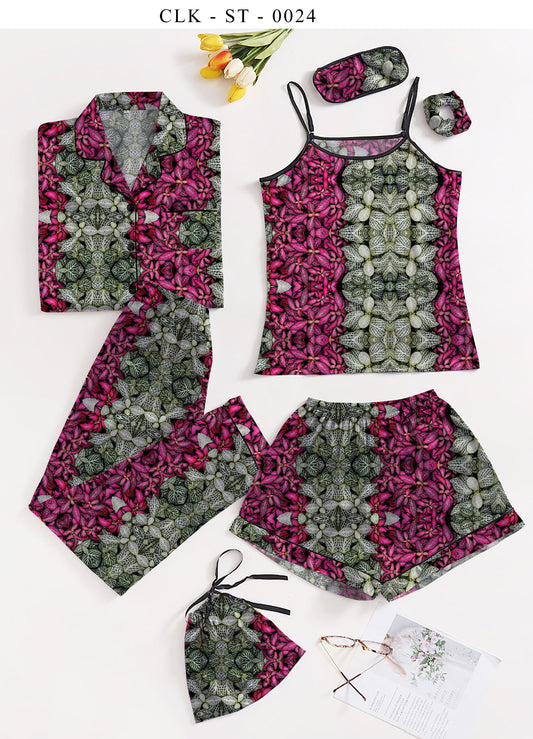 Valerie Maroon 7pcs Floral Print Satin Pajama Set