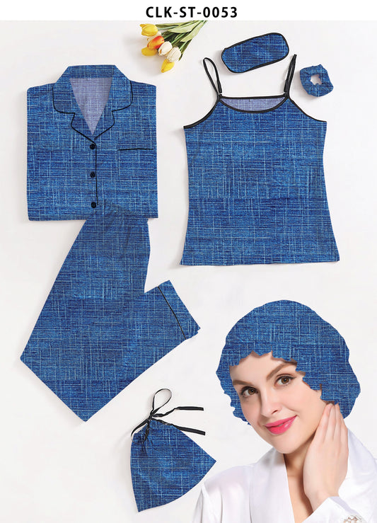 Valerie Blue 7pcs Textured Print Satin Pajama Set