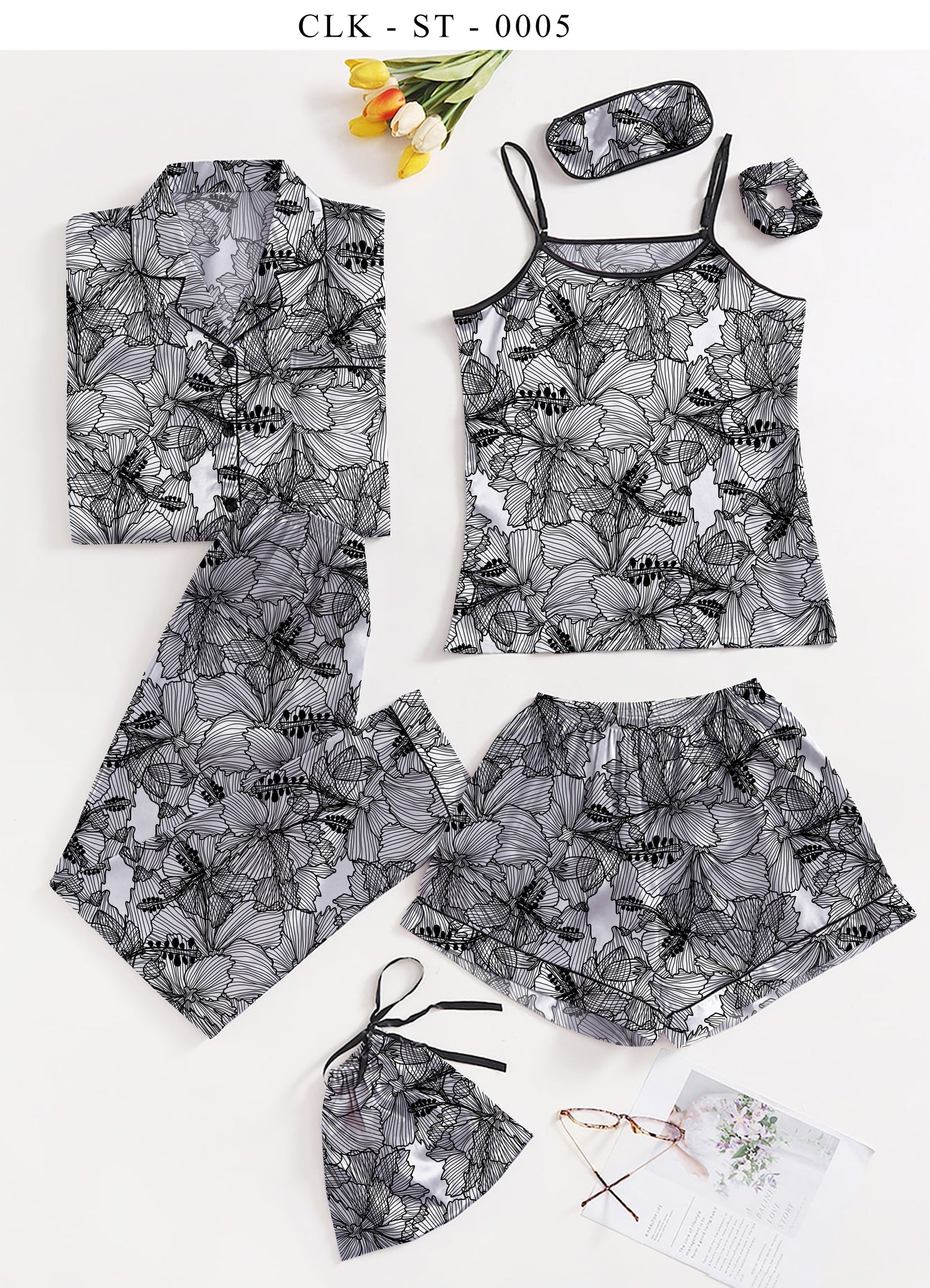 Valerie Light Grey7pcs Floral Print Satin Pajama Set