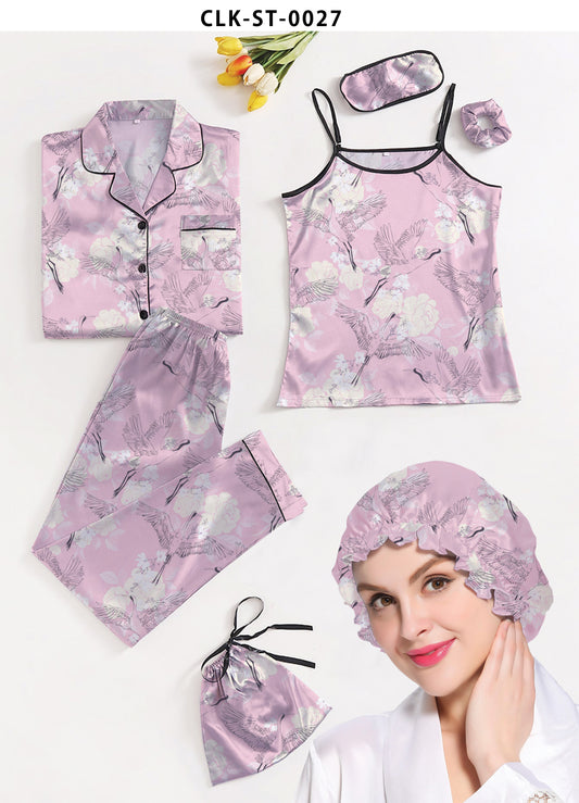 Valerie Light Pink 7pcs Floral Print Satin Pajama Set