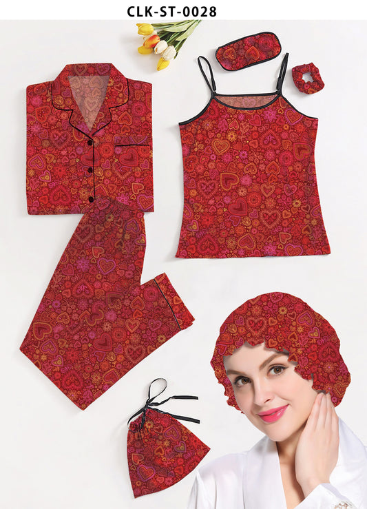 Valerie Red 7pcs Floral Print Satin Pajama Set