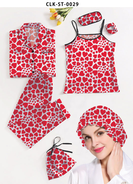 Valerie Red 7pcs Floral Print Satin Pajama Set
