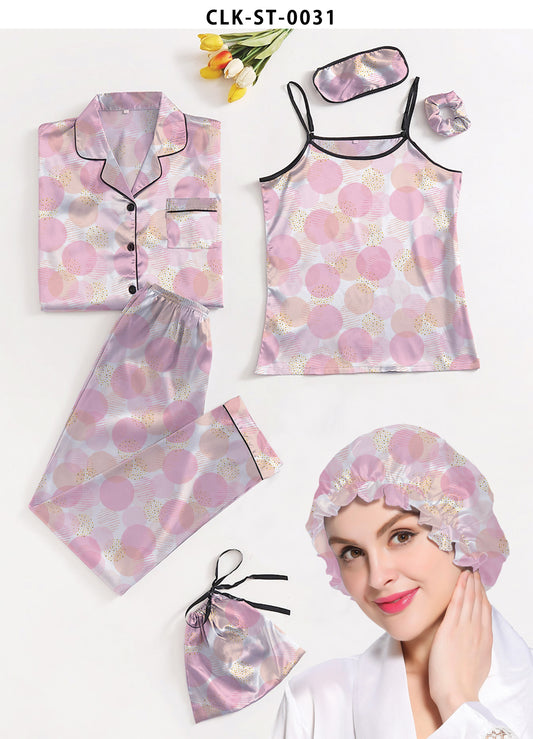 Valerie White and Pink 7pcs Floral Print Satin Pajama Set