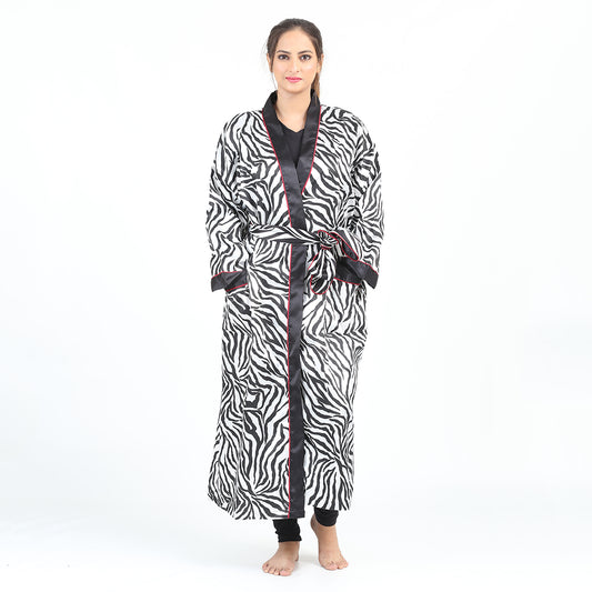 Valerie Serene Sleepwear Long Gown Printed Drop Shoulder Belted Satin Robe