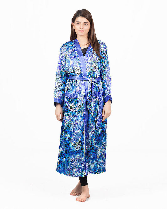 Valerie Women Dreamy Nights Long Gown Printed Drop Shoulder Belted Satin Robe