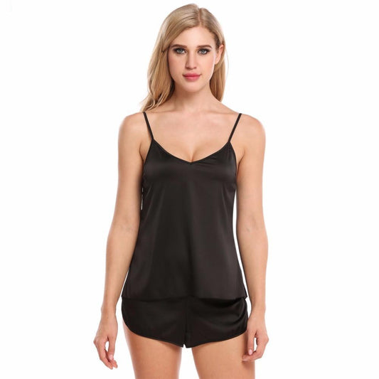 Valerie Blissful Nights Solid V Neck night wear sexy silky light weight Satin Cami and Short Set For women